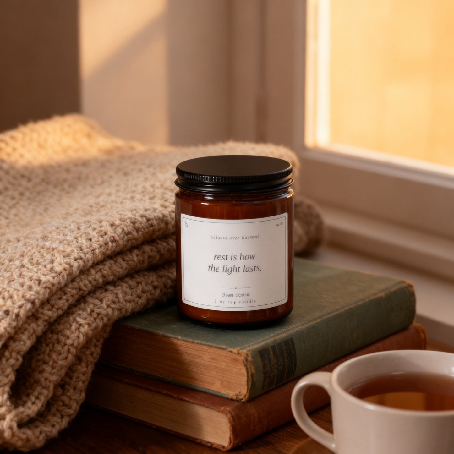 b.steady clean cotton candle in a cozy reading nook at golden hour