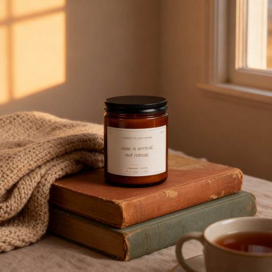 b.easy cinnamon vanilla candle in a cozy reading nook at golden hour