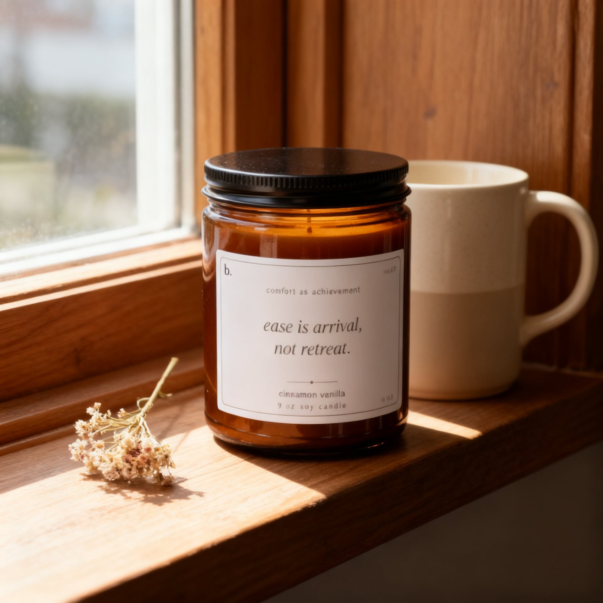 b.easy cinnamon vanilla candle on a sunlit windowsill with a ceramic mug and dried flowers