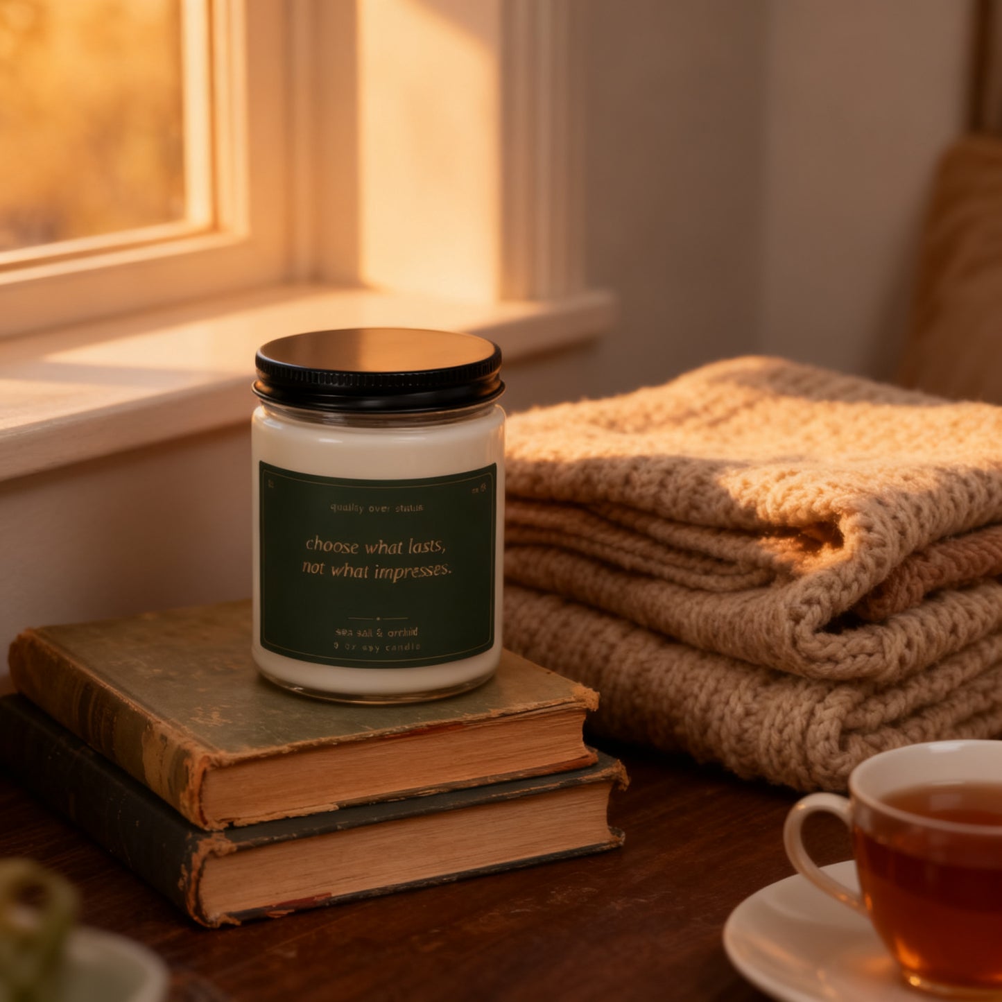 b.true sea salt and orchid candle in a cozy reading nook at golden hour