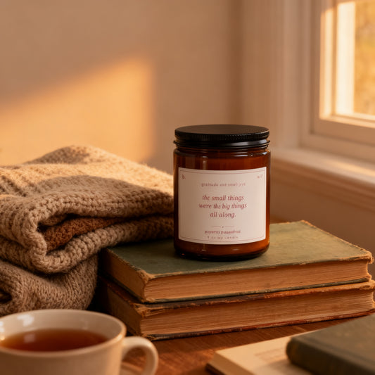 b.grateful peppered passionfruit candle in a cozy reading nook at golden hour