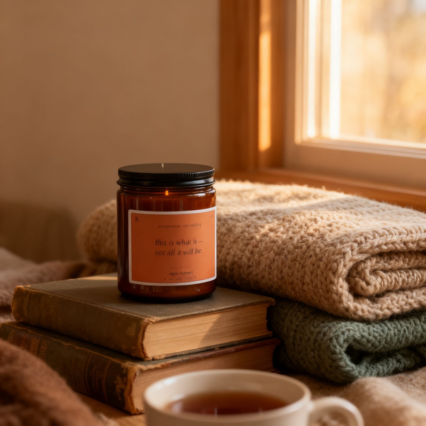 b.here apple harvest candle in a cozy reading nook at golden hour