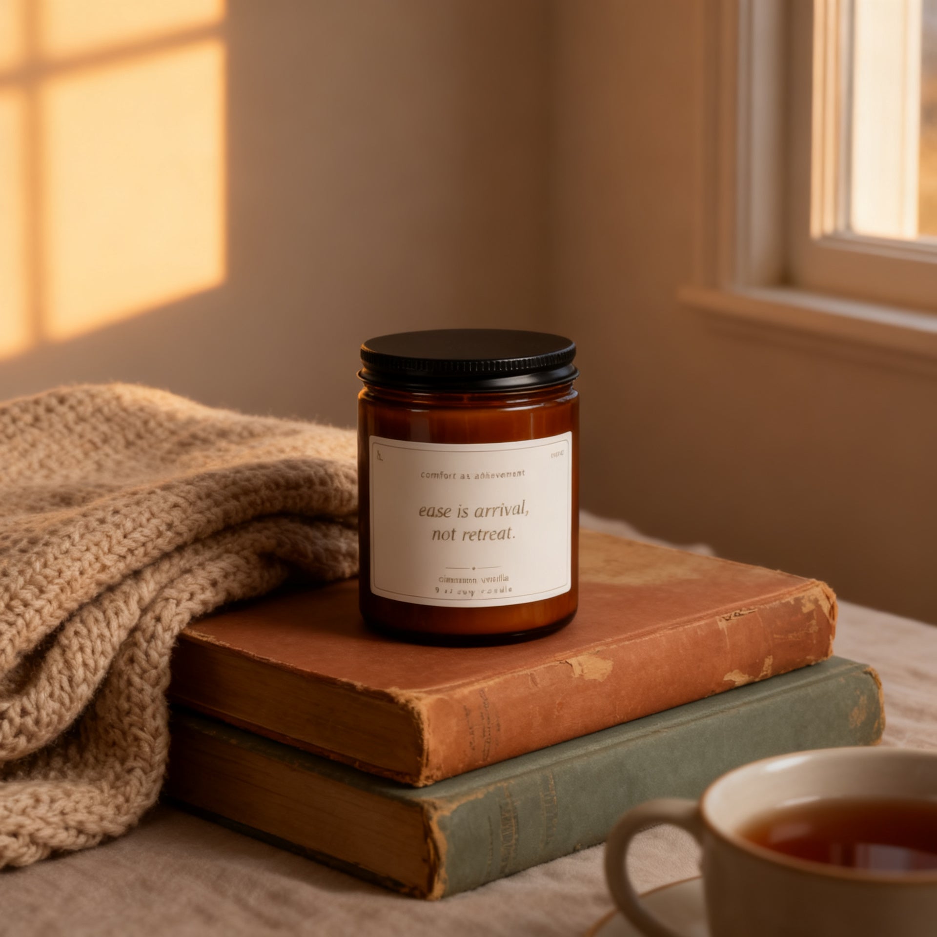 b.easy cinnamon vanilla candle in a cozy reading nook at golden hour