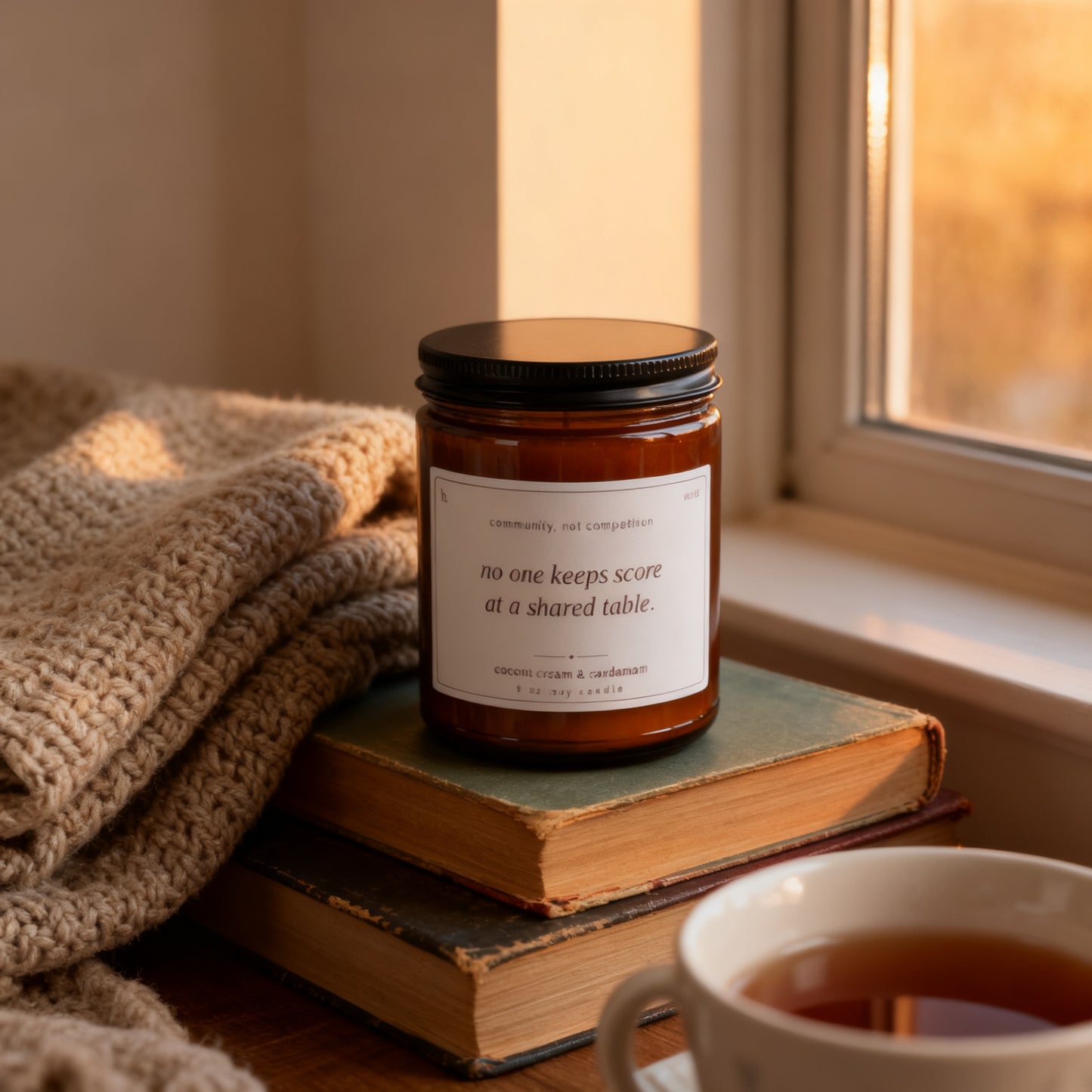 b.together coconut cream and cardamom candle in a cozy reading nook at golden hour
