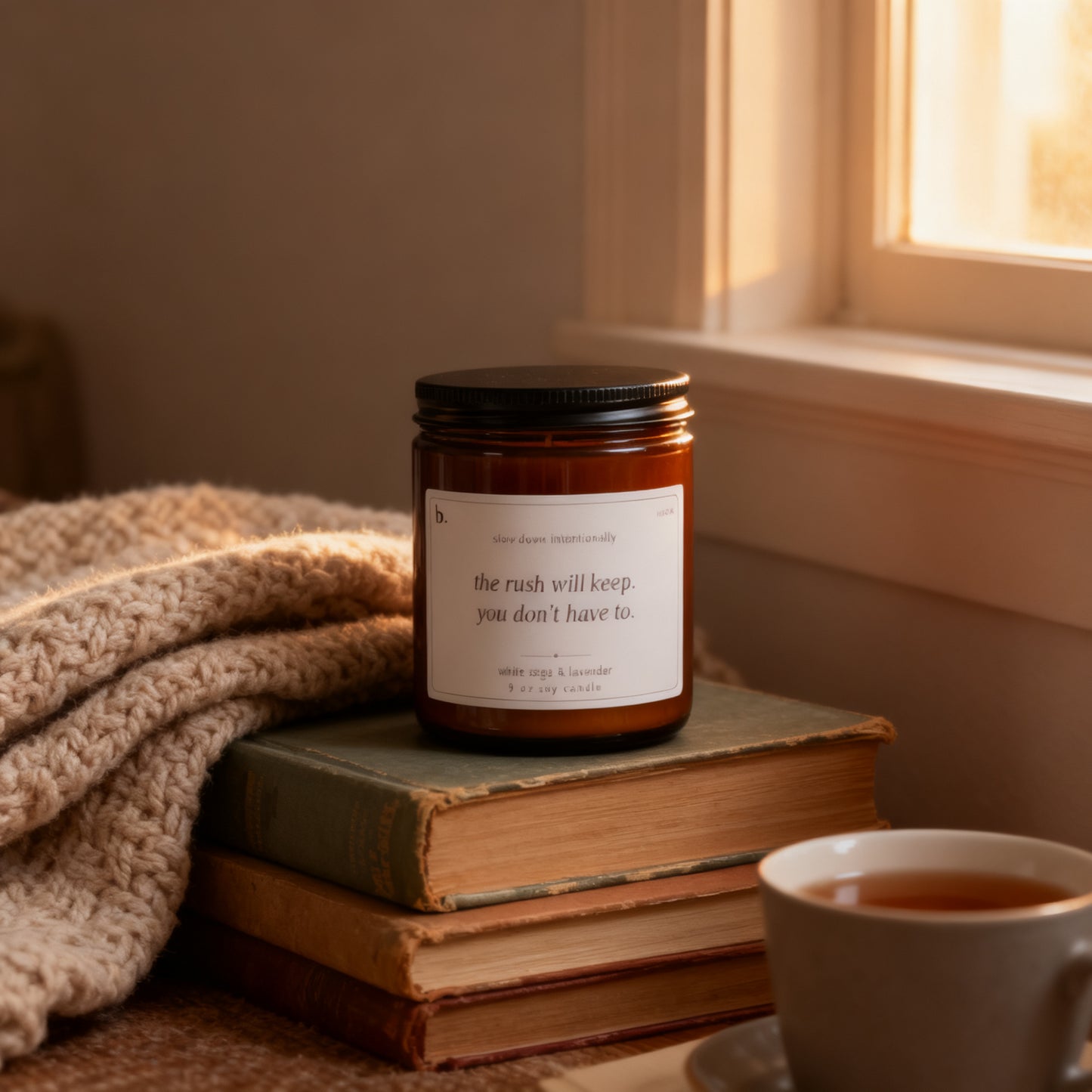 b.slow white sage and lavender candle in a cozy reading nook at golden hour