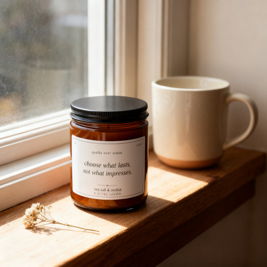 b.true sea salt and orchid candle on a sunlit windowsill with a ceramic mug and dried flowers